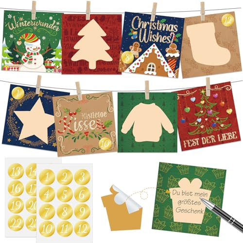 DPKOW Rubbellos Adventskalender Karten, 2024 Adventskalender självmaskin, glittrande weihnachtskalender kartan för att gnugga ihop med klämmor sele, adventskalender för familj paar vänner