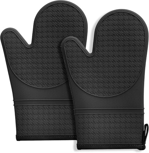 Tel Charme * 2 guantes de silicona para horno de doble capa y resistentes al calor hasta 300 °C. Guantes antideslizantes con forro de algodón suave, ideales para cocina, hornear, barbacoas (negro)