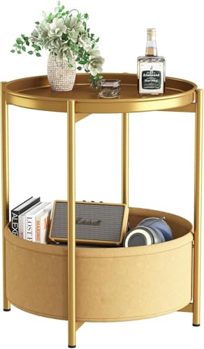 Beistelltisch Rund, Kleiner Tisch, Metall Balkontisch, Sofatisch 2 Ebenen, Couchtisch mit Korb aus Stoff, Nachttisch, Wohnzimmertisch, Beistelltische fürs Wohnzimmer Schlafzimmer Terrasse, Gold