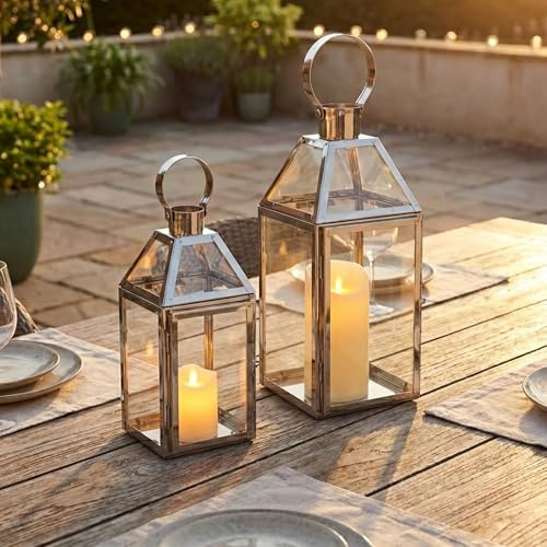 TRIROCKS Dekorative Laternen aus Edelstahl, 34 cm und 26 cm Höhe, Metall-Kerzenhalter mit gehärtetem Glas, für Heimdekoration, Wohnzimmer, Partys, Veranstaltungen, Tischplatte, drinnen und draußen