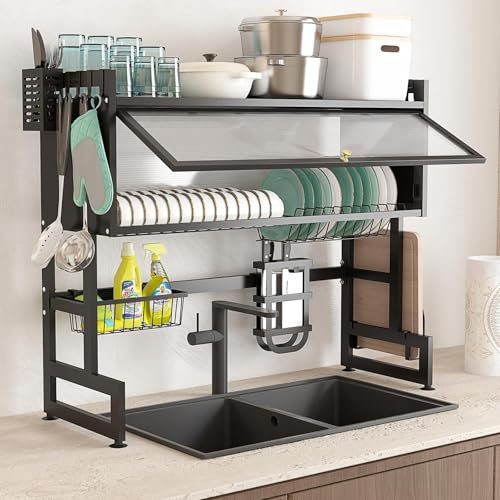 TOTEBOX Over the Sink Dishes Drainer Dish Drying Rack with Flip Cover, 3-Tiers Kitchen Dishes Storage Shelf Utensil Holder, Storage Basket, Cutting Board Holder, 6 Hook (95 * 30 * 80 cm)