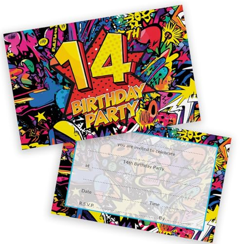 Stuff4 14th Birthday Party Invitations Kids, Comic Book Style 28 Pack | Childrens Birthday Invitations for Boys/Girls A6 Bday Party Invites Invitation Cards with Folding Envelopes