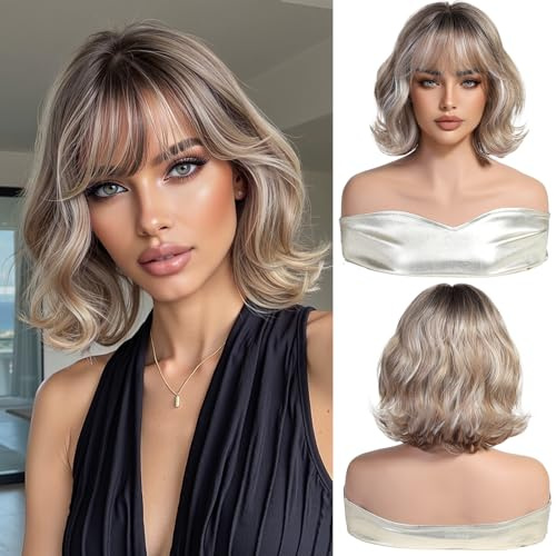 OUFEI Peluca Rubia Ombré Ondulada 10 c/Flequillo para Mujer Diario Fiesta