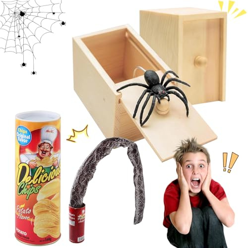Caja De Broma De Araña, 2pcs Caja con Araña Broma, 1pcs Serpiente De Patatas Fritas, Spider Prank Box, Broma De Araña En Una Caja, Patatas Fritas Serpiente Pop Up, Juguetes de bromas de Halloween