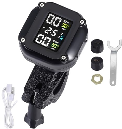 Motorcycle TPMS Tyre Pressure Monitoring System, IP68 Waterproof Motorcycle Tire Pressure Monitor System with LCD Display & 2 External Wireless Sensors, Digital Tyre Pressure Gauge USB Charging