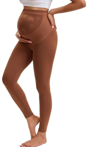 INNERSY Graviditetsleggings, övermage, mammaleggings, hög midja, långa för yoga, BRUN, M