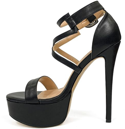 Negro,35 EU,Sandalias Stiletto Mujer Tacón 15cm Plataforma Abierta Correa Tobillo Ajustable Cruce Fiesta Noche Pasarela