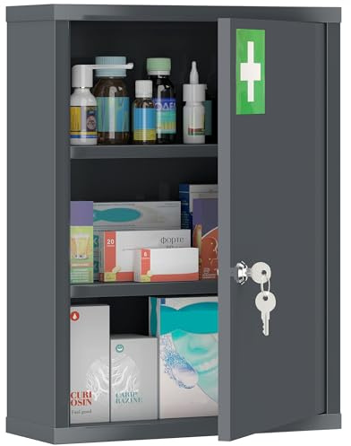 kleankin Armoire Pharma Verrouillable 3 Compart. 40x15x53.5cm Gris Anthr.