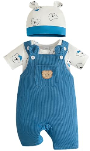 Eqenkely Baby Boy Clothes Newborn Striped Romper T-Shirt with Bear Suspender Overall Shorts Cute Hat 3Pcs Set Summer Outfits 0-18 Months Blue 0-3 Months