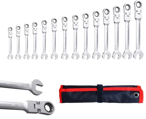 CCLIFE 14-delad spärrnyckelsats, ringspärrnyckel gaffelnyckel 6–22 mm, Cr-V 72 tänder, verktygsset för bilreparation, 180° flexibel, inkl. väska
