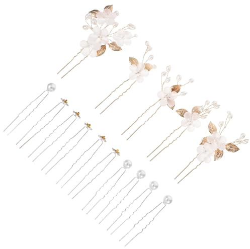 VILLCASE 15 Piezas Horquillas Pelo de Boda Flores de Perlas Artificiales y Gemas de Imitación, Diseño en Forma Dorado, Elegantes y Suaves para Novias y Mujeres