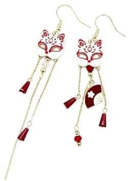 XIGAWAY Hanfu Boucles d'oreilles pour femme, motif masque de renard, boucles d'oreilles pendantes style chinois antique, boucles d'oreilles rétro en alliage à clipser