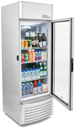 PremiumLevella PRF90DX Glass Door Display Refrigerator 9.0 cu ft Commercial Beverage Cooler Merchandiser With Customizable Lightbox - Silver