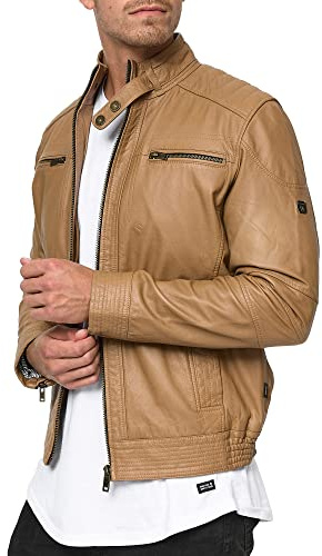 Indicode Herren Germo Lederjacke aus Lammleder | Echtleder Jacke Motorradjacke Bikerjacke Camel, XL