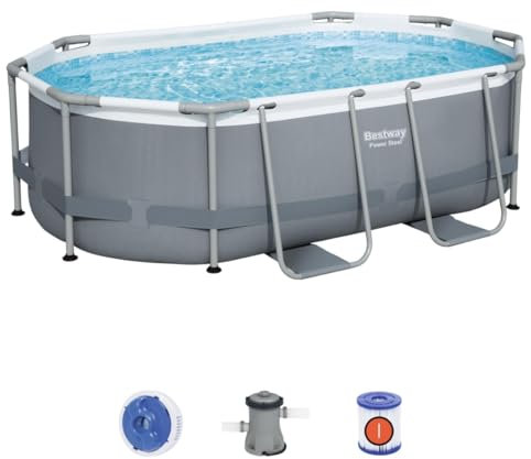 Bestway Power Steel Above Ground Pool, Swimming Pool Set With Filter Pump and ChemConnect Dispenser, Grey, 10 ft