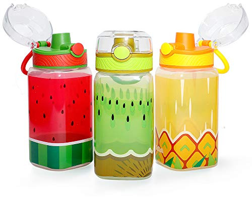 Home Tune 15oz Kids Water Drinking Bottle - BPA Free, Wide Mouth, Auto Flip Cap, Chug Lid, Easy Open, Lightweight, Leak-Proof Water Bottle with Cute Design For Girls & Boys - 3 Pack Fruit
