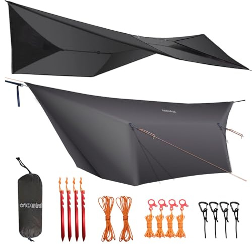 onewind Bâche de hamac de 3,7 m, légère et imperméable en silnylon, bâche de camping polyvalente avec portes et accessoires complets, facile à installer avec sac de rangement, piquets de tente, gris