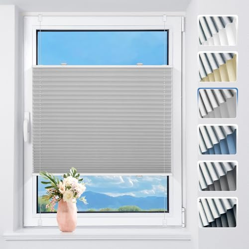 Plissee ohne Bohren Verdunkelung Thermo Plissees Klemmfix Hellgrau B85 x H130 cm - Verdunklungsplissee Plisseerollo Blickdicht & Sichtschutz für Fenster & Tür