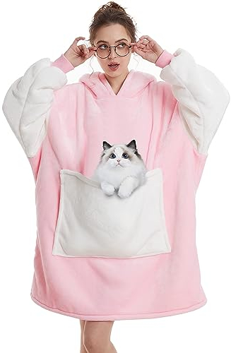 Decke Hoodie Sweatshirt Oversized,Plüsch Flauschig Kuscheldecke mit Tasche,Einheitsgröße Sherpa Kapuzenpullover für Damen Herren,Flanell Fleece TV-Decke mit Ärmel,Tragbar Ganzkörperdecke,Rosa Weiß