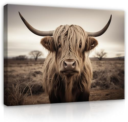 WallArena - Leinwand Bilder Bulle Tiere - 120x80 cm Leinwandbilder - Bild auf leinwand - Wandbild XXL groß Wandbilder für Wohnzimmer Schlafzimmer Wohnzimmerbilder Modern - Schottisches Hochlandrind
