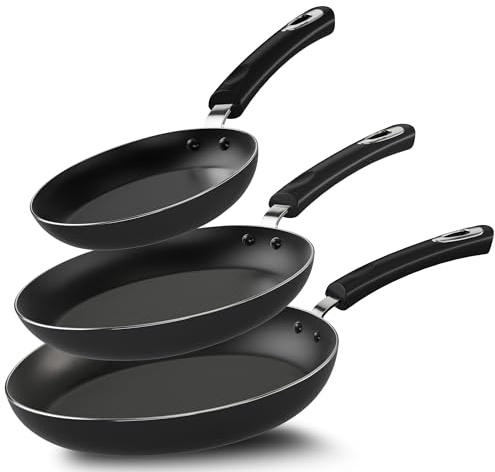 KICHLY Induction Hob Pan Sets Non Stick, 3 Pcs Fryingpans, Professional Chefs Kitchen Cookware, 20cm, 24cm, and 28cm (Grey, 4 Packs of 3)