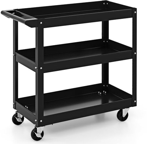 COSTWAY 3 Tiers Tool Trolley, Heavy Duty Service Cart with Handle and Lockable Wheels, Rolling Workshop DIY Storage Trolley for Garage Restaurant Kitchen (1 Flat Handle, Black)