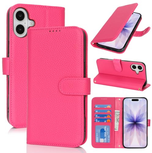 Zouzt Coque pour iPhone 17 Cuir Véritable Etui Portefeuille avec 4 Emplacements pour Cartes, RFID Blocage, Antichoc, Protection Totale, Housse à Rabat Magnetique Femmes Hommes - Rose Rouge