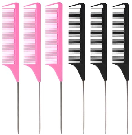 Fgail 6PCS Rat Tail Comb, Parting Combs for Braiding Hair Women/Wen, Metal Fine Tooth Combs for Highlighting and Parting(Black, Pink)
