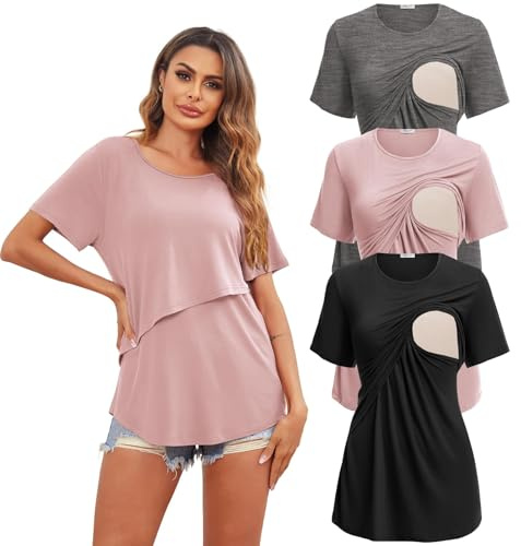 Ekouaer Lot de 3 T-Shirt d'allaitement Femme Tops Blouse Allaitement Hauts d'allaitement à Manches Courtes col Rond, Rose + Gris foncé + Noir, S