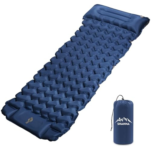 SHANNA Self Inflating Sleeping Mat for Camping: Thickness 8cm Ultra Light Sleeping Pad with Pillow Durable Inflatable Camping Equipment with Built-in Foot Pump for Hiking Climbing (Navy Blue-AA)