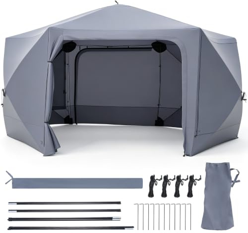 COSTWAY Tonnelle de Jardin Exterieur, pour Fête, Camping, 427x357x243 cm | Barnum Pliant Moustiquaires à Rideau Amovible, Portes Opposées, Poches Filet&Sac Transport, Tente Pop-Up Hexagonale