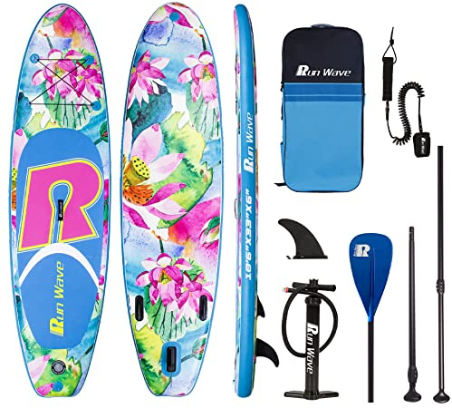 Run Wave Tavola gonfiabile per stand up paddle, 25 x 80 x 15,2 cm (15,2 cm di spessore) antiscivolo, con accessori per SUP di alta qualità, ampia posizione, pinne inferiori per il controllo del surf,