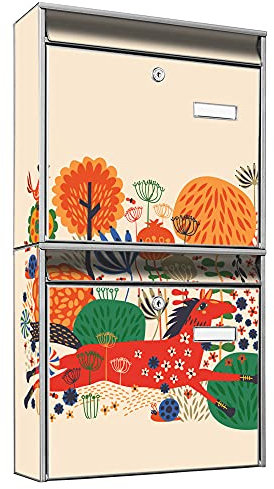 banjado Briefkastenanlage 2 Fach - 2 Briefkästen 36x64x10cm groß - Doppelbriefkasten Set - Namensschild, 2 Schlüssel, Montagematerial - Stahl verzinkt Silber - Motiv Rotes Pferd