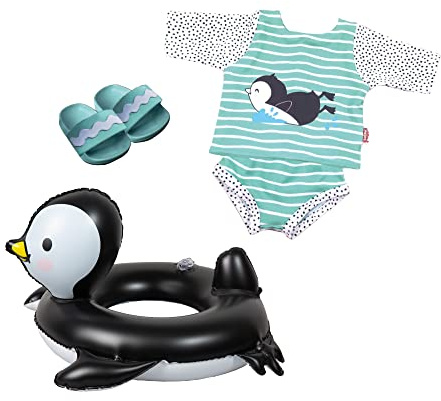 Heless 11 – Set da nuoto per bambole con pinguino a pois, 4 pezzi con vestito da nuoto, ciabatte da bagno e anello da nuoto, dimensioni circa 35 – 45 cm, per divertimento in bagno nelle calde giornate