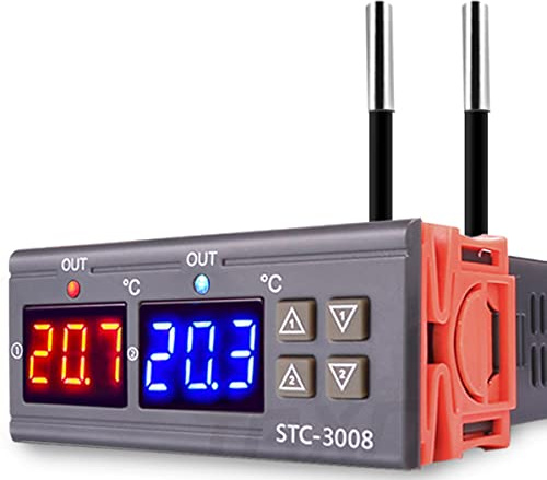 Greluma STC-3008 AC 110V-220V Temperatur Termostat Regulator, Digital Temperaturregulator med Dubbla Displayer och Dubbla NTC-Sondsensor, Värme- och Kylläge