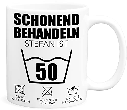 Schonend Behandeln 50 Tasse personalisiert mit Namen Spruch runder Geburtstag Geschenk für Männer & Frauen Geburtstagsgeschenk 50 Jahre Kaffeetasse aus Keramik 330 ml