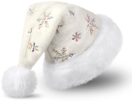 CITÉTOILE White Santa Hat for Adults, Plush Christmas Hat for Women and Men, Warm and Thick Santa Claus Hat with Rainbow Sequins Snowflake