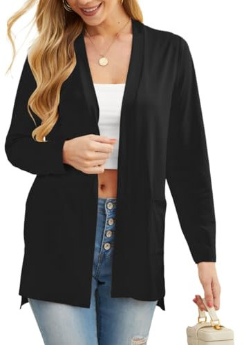 PrinStory Cardigans For Women Lightweight Long Sleeve Ladies Cardigans With Pocketcausal Open Front V Neck Outerwear UK 18-20 (Black, XL)