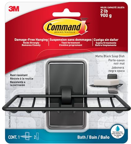 Command Seifenschale, Mattschwarz, 1 Halter + 2 Wasserfeste Streifen – Seifenhalter für Dusche und Badezimmer - Organisieren ohne Löcher und Bohren