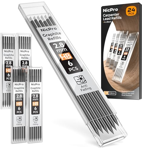 Nicpro Lot de 24 mines de mine de charpentier de 2,8 mm, résistantes à la casse pour crayons de construction et de travail du bois (noir)
