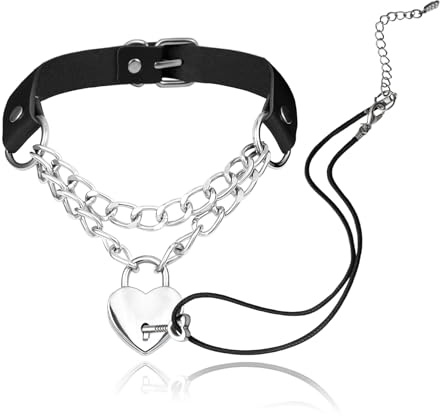 MILAKOO Padlock Chain Collar Choker with Key Necklace Multilayered PU Leather Gothic Hippie Choker