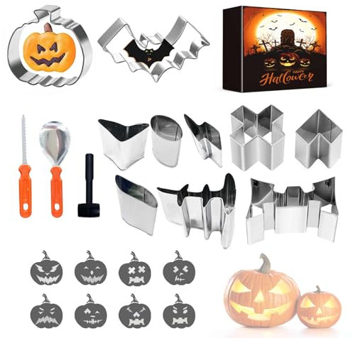 Halloween Kit Sculpture Citrouille: 13 Pièces Matrice Decoupe Citrouille en Acier Inoxydable avec Pochoirs Emporte Piece Patisserie Marteau pour Adultes