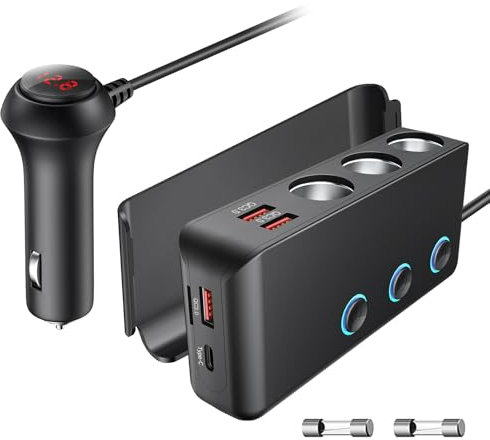 OOWOLF Caricatore accendisigari QC 3.0 140W 12V/24V,Accendisigari usb Interruttore di alimentazione caricabatterie per auto,3 DC socket splitter 4 porte USB distributore auto per smartphone,tablet,GPS