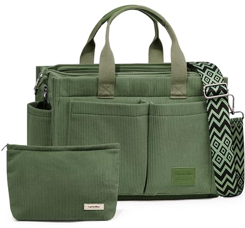 Captain Blues Corduroy Tote Bag for Women with Zipper, Large Capacity Work Bags Shoulder Handbag for School, Travel, College, Teacher with Adjustable Strap & Pockets (Green)