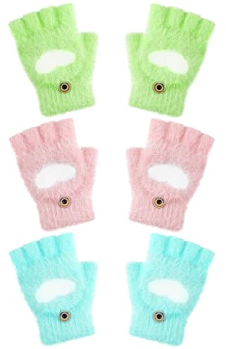 Geyoga 3 Pair Kids Fingerless Gloves for Girls Winter Warm Convertible Flip Top Gloves Heart Half Finger Mitten for Toddler(Pink, Green，pale Green,8-12 Years)