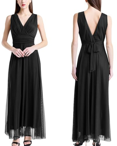 VALORIALUXE Abito Lungo da Cerimonia Donna in Tulle Elasticizzato con Scollo a V – Made in Italy (IT, Testo, S, Regular, Regular, Nero)