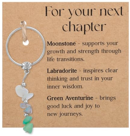 BOXOB Natural Crystal Keychain Gift, Good Luck Charm Key Ring Chain with Moonstone Labradorite Green Aventurine for Women & Men Perfect Retirement Keyring (For Your Next Chapter)