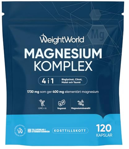 Magnesium Complex – 1730 mg per portion – 400 mg elementärt magnesium – 2 månaders förbrukning – Med magnesiumbisglycinat, citrat, malat och taurat – 120 veganska kapslar – WeightWorld