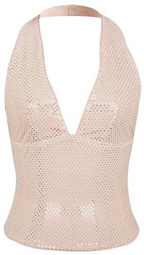 Maeau - Y2K paljettlinne dam djup V-ringning rygglös ärmlös topp sommar S–XL, Champagnefärg, M