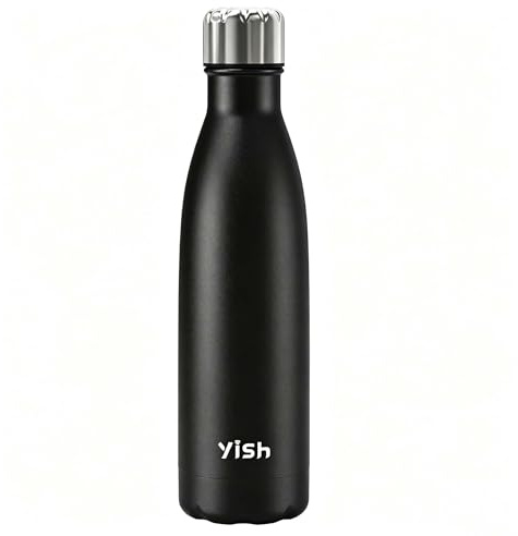 YISH Borraccia Termica 500 ml - con Moschettoni - Caldo/Freddo per 10 Ore - Sport, Palestra, Bici, Campeggio, Viaggi, Famiglia, Nero